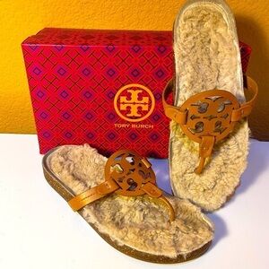 Tory BURCH Miller Cloud Shearling Cork Leather  Thong Sandal Size 9 Tan Neutral